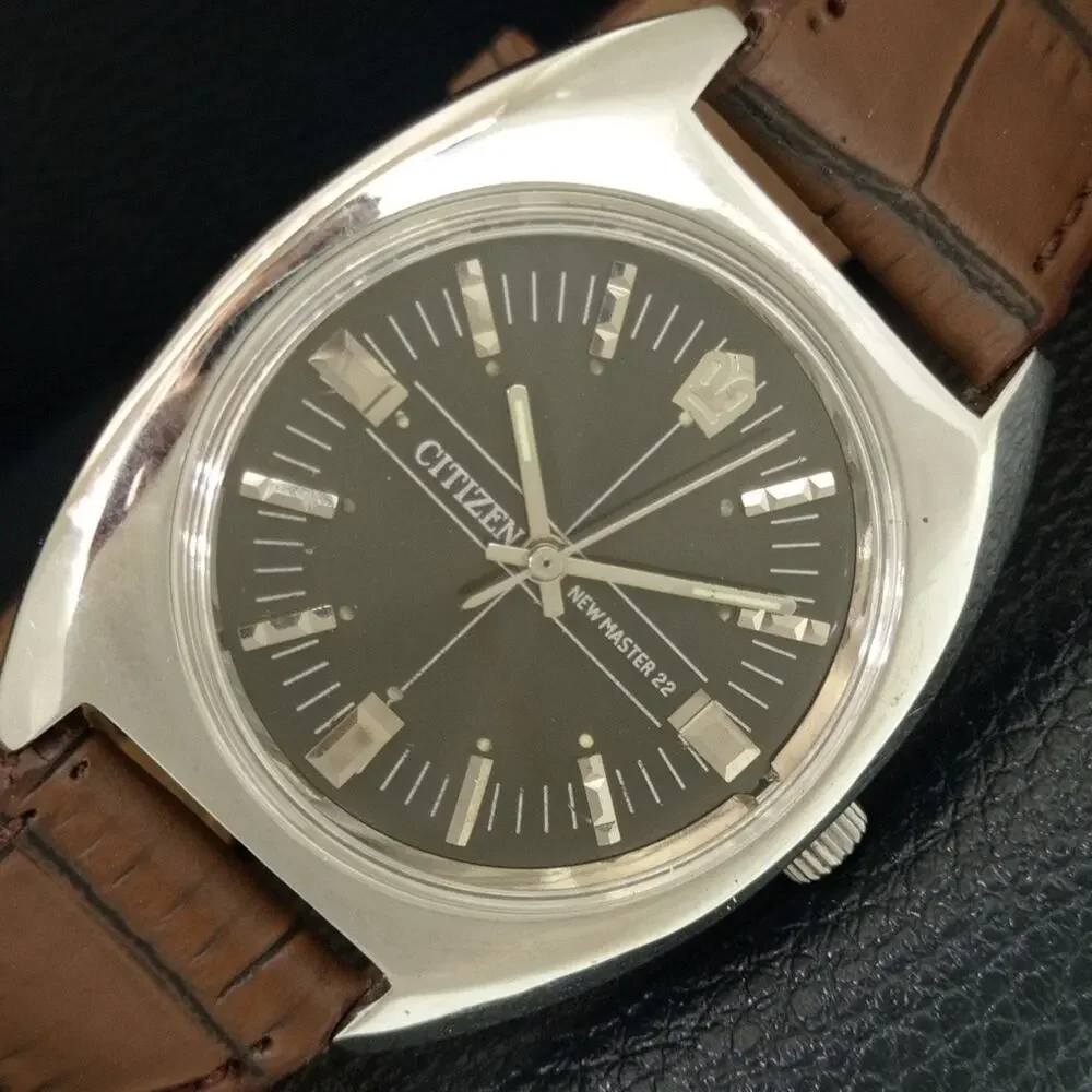 Vintage 1973 Citizen Manual Wound Mens Silver Watch & Black accents